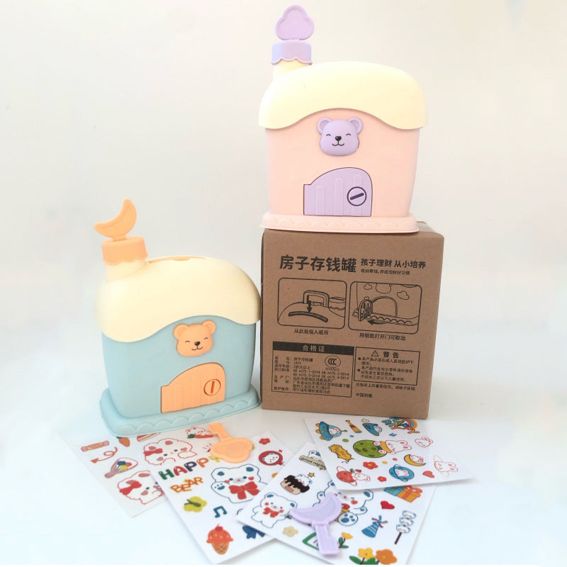 Cute Cartoon Bear House Money Bank with Key and Stickers for Kids - Creative Piggy Bank for Boys and Girls