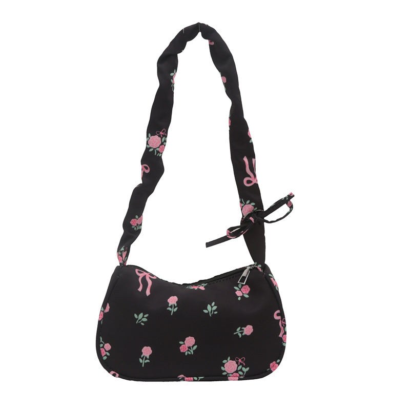 Gentle Sweet Flowers Canvas Bag Female New Drawstring Floral Bow Underarm Bag