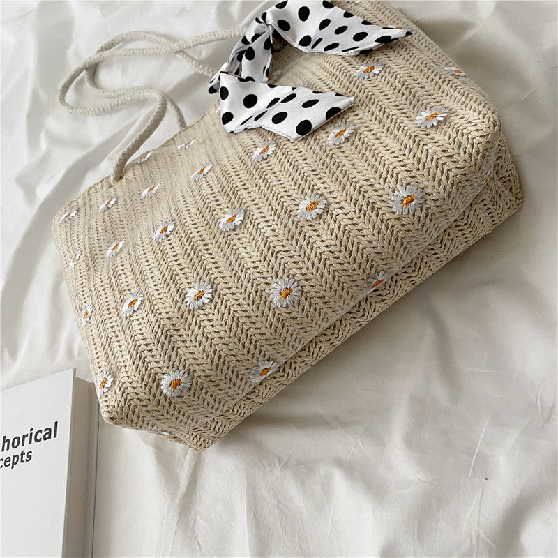 New Straw Woven Bag Women's Summer Fresh Simple Flower Woven Fashion Shoulder Tote Bag