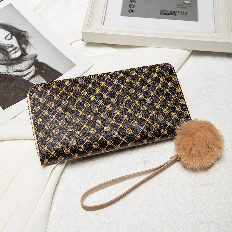 2025 Spring New Printed Long Wallet with Pom-Pom Strap Fashion Women's Clutch Bag