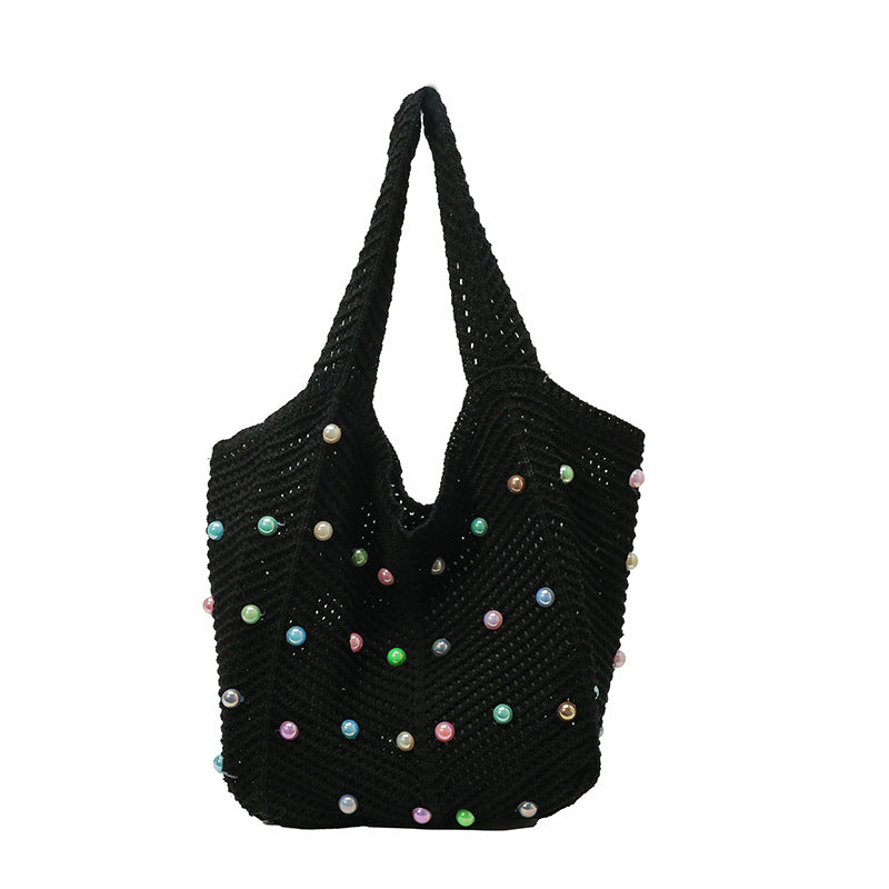 Idle Style Seaside Vacation Weaving Women's Summer New Pearl Hollowed-out Large Capacity Totes