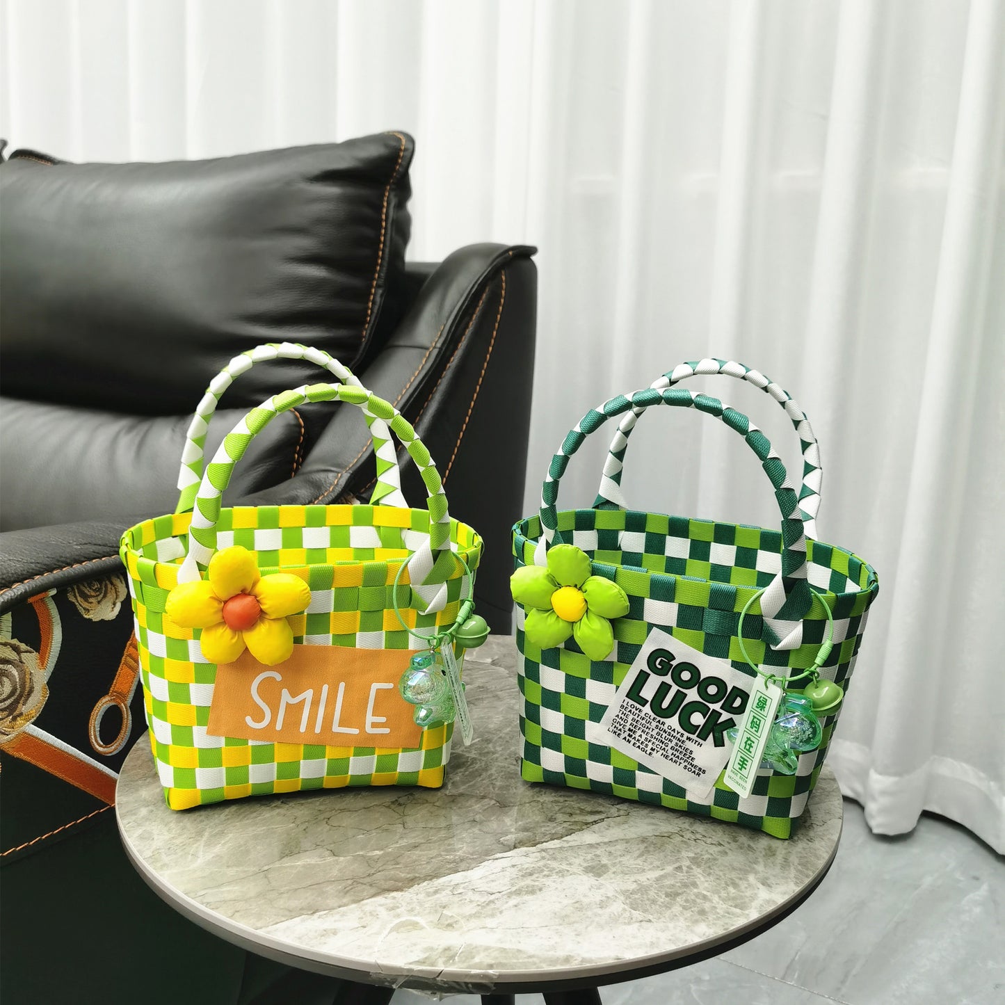 Handwoven Checkerboard Tote Bag for Women, Fashionable Beach & Daily Use, Soft PVC Material with Open Top and Inner Pockets