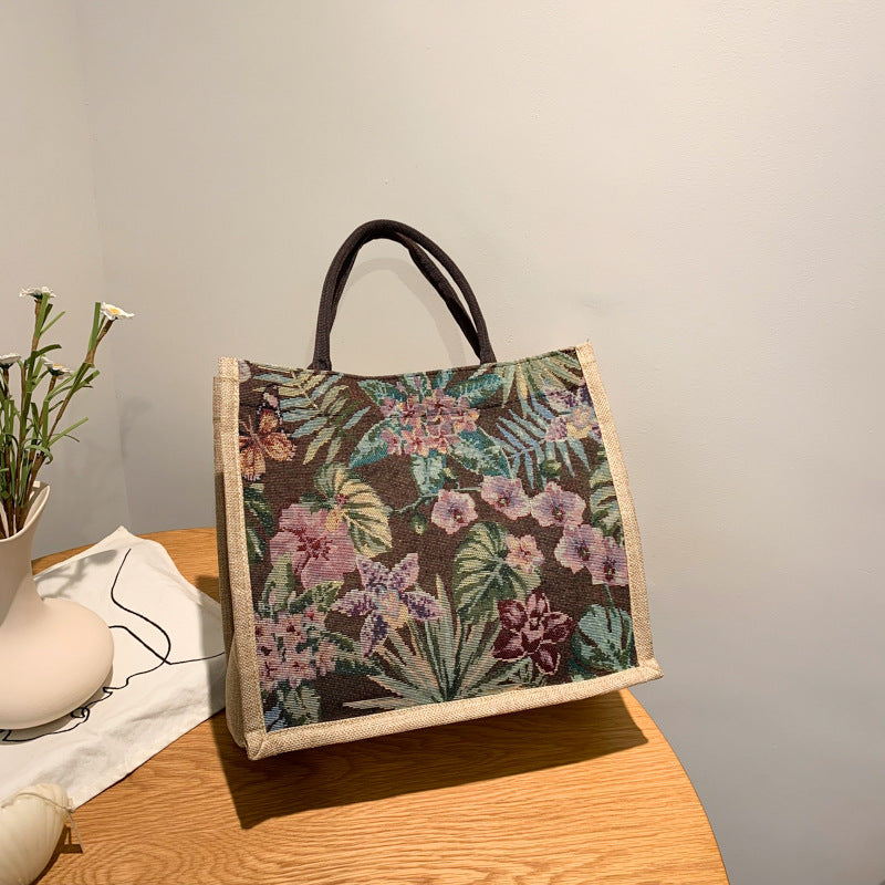 Women's Handbag New Large Capacity Ethnic Style Cotton Linen Tote Bag Flowers Print Magnetic Snap Handbag Daily All-Match Fashion Women's Bag