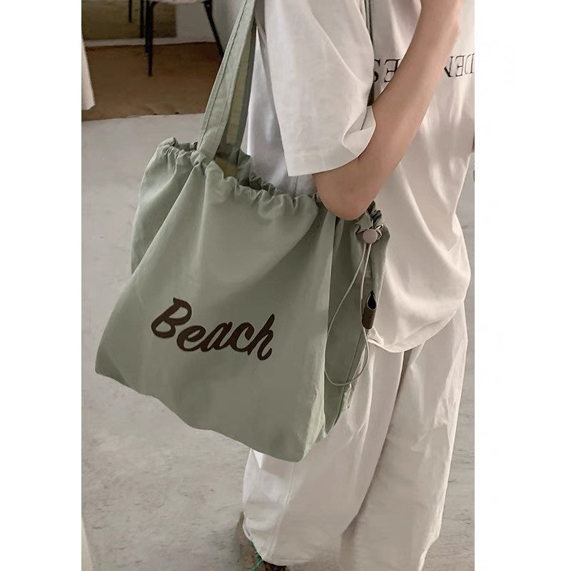 Casual Nylon Tote Bag with Beach Letter Print, Drawstring Closure, Large Capacity for Daily Use