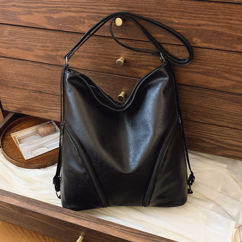 Vintage Fashion Large Capacity Soft PU Shoulder Bag with Zipper Closure and Stylish Stitching Details
