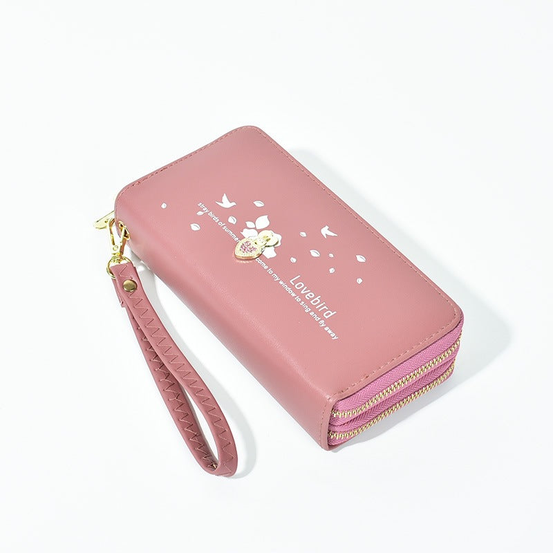 Cute Lovebird PU Wallet with Rhinestone Heart, Double Zipper, Wrist Strap & Card Slots for Women