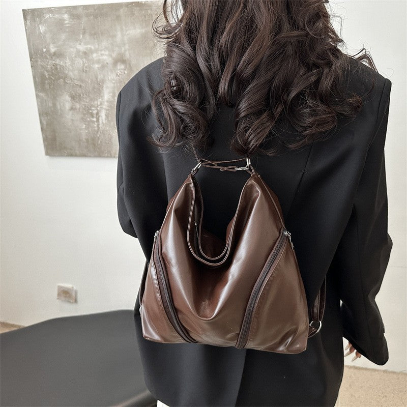 Vintage Fashion Large Capacity Soft PU Shoulder Bag with Zipper Closure and Stylish Stitching Details