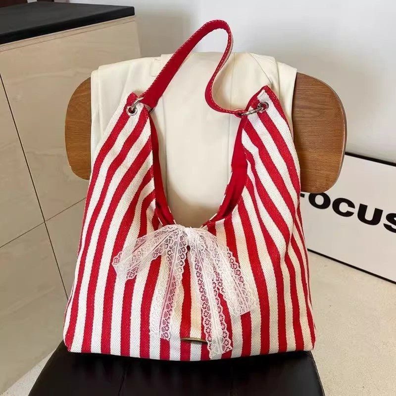 2025 New Fashion Striped Tote Bag for Women, Large Capacity Canvas Shoulder Bag with Lace Detail, Perfect for Daily Use and University