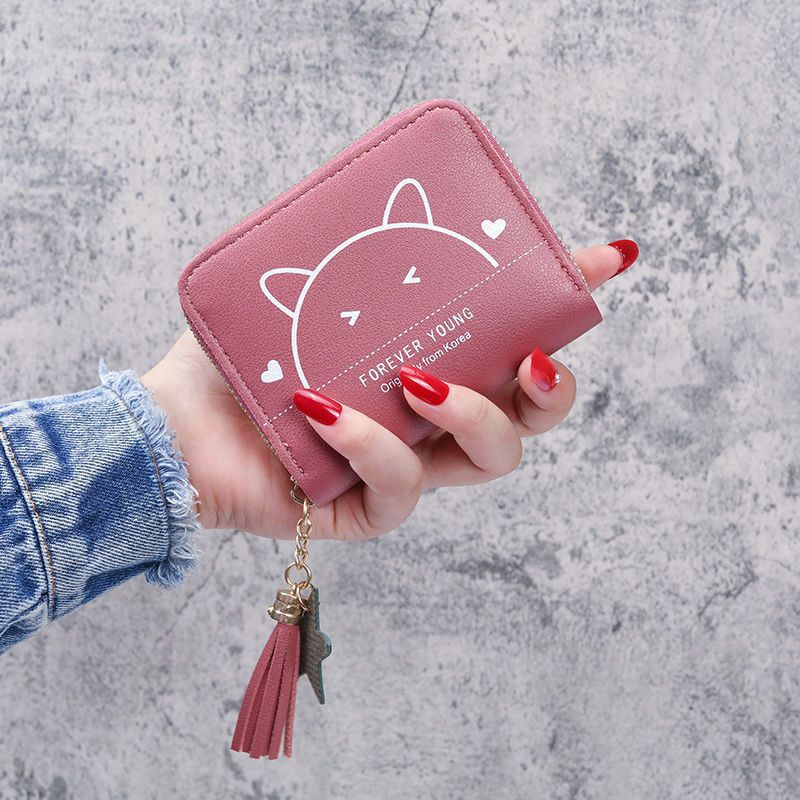 Cute Cat Zipper Wallet with Tassel Charm for Women, Stylish Card Holder and Coin Purse with Sweet Animal Design