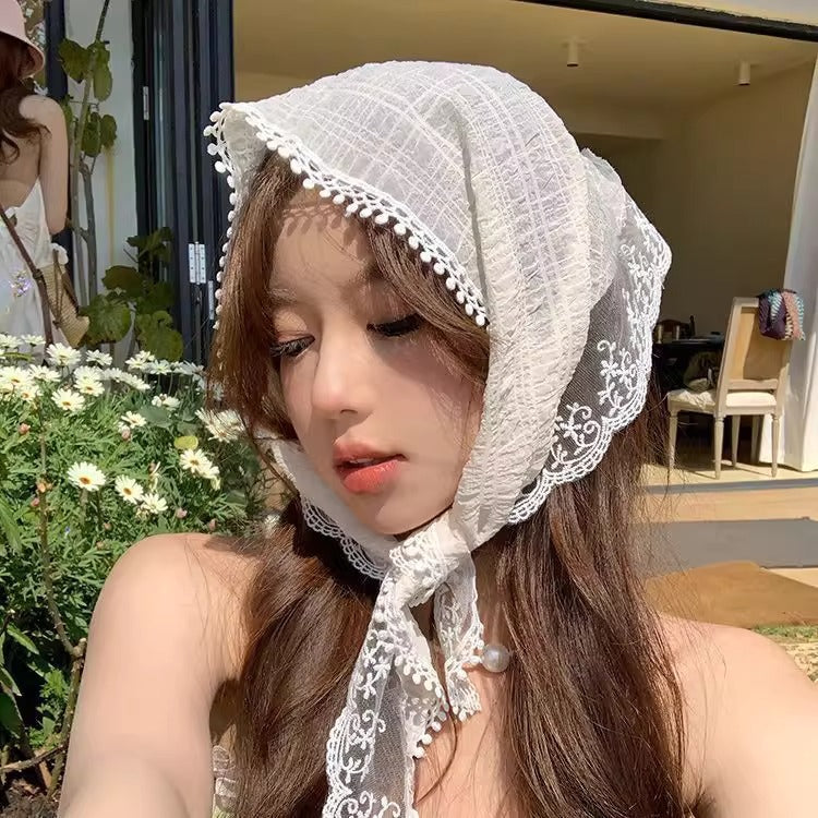 Vintage LaceÈý½Ç Headscarf for Women, Elegant Floral Trim Summer Accessory, Romantic French Style Hair Wrap