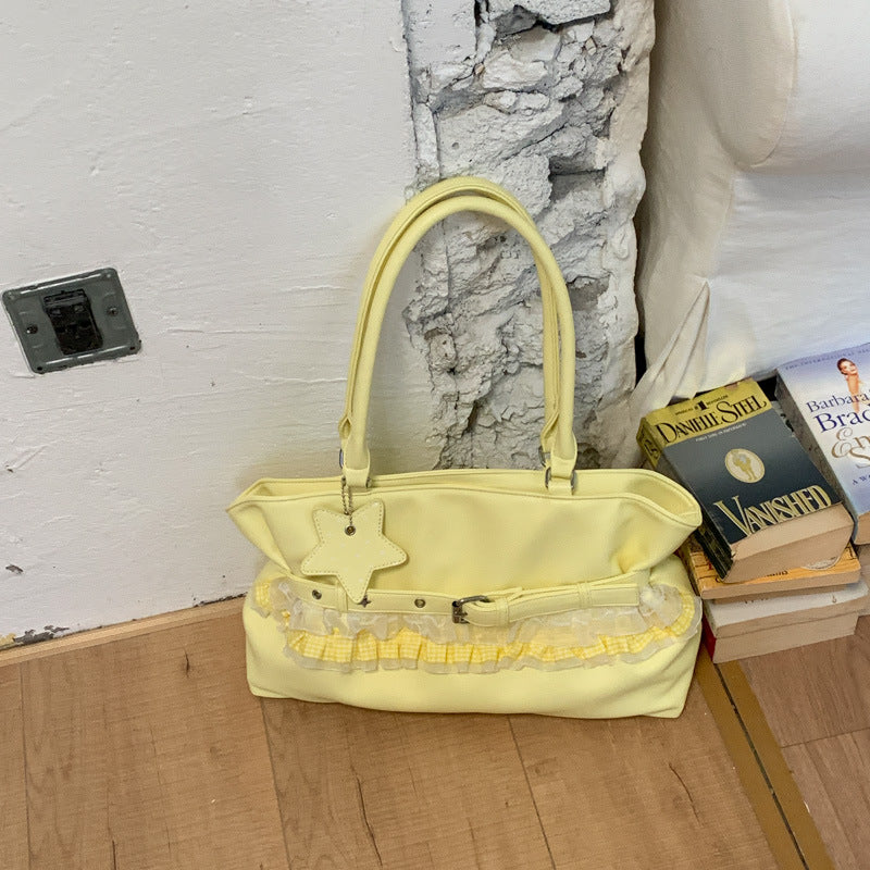 Elegant Ruffle Design Tote Bag with Belt Detail and Star Charm for Daily Use