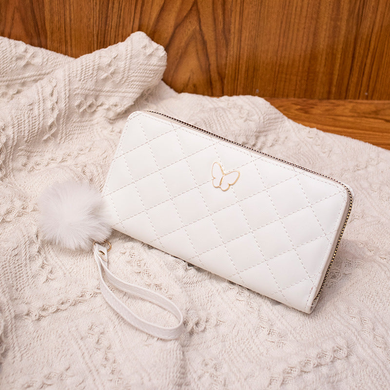 2023 Fashionable Quilted Wallet with Butterfly Charm and Pom-Pom, Multi-Card Slots for Everyday Use