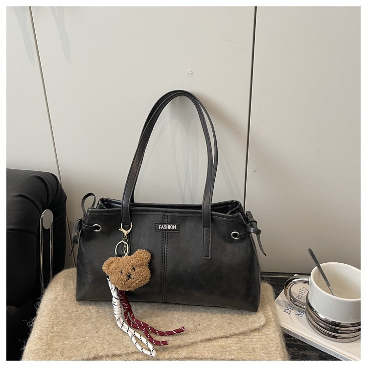 2025 New Fashion Vintage PU Tote Bag with Bear Charm, Large Capacity Shoulder Crossbody Bag for Daily Use
