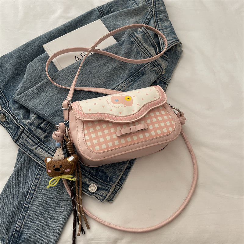 Cute Apple Small Square Bag Urban Simple Style Plaid Bow Design Fashionable All-Match Shoulder Messenger Bag