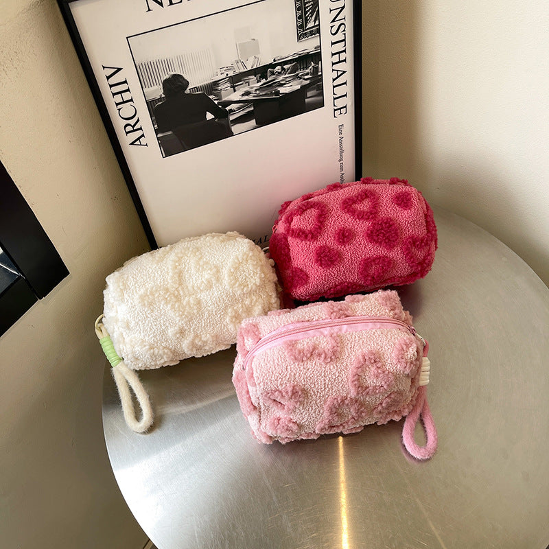Cute Plush Heart Pattern Cosmetic Bag with Large Capacity and Soft Texture for Daily Use and Travel