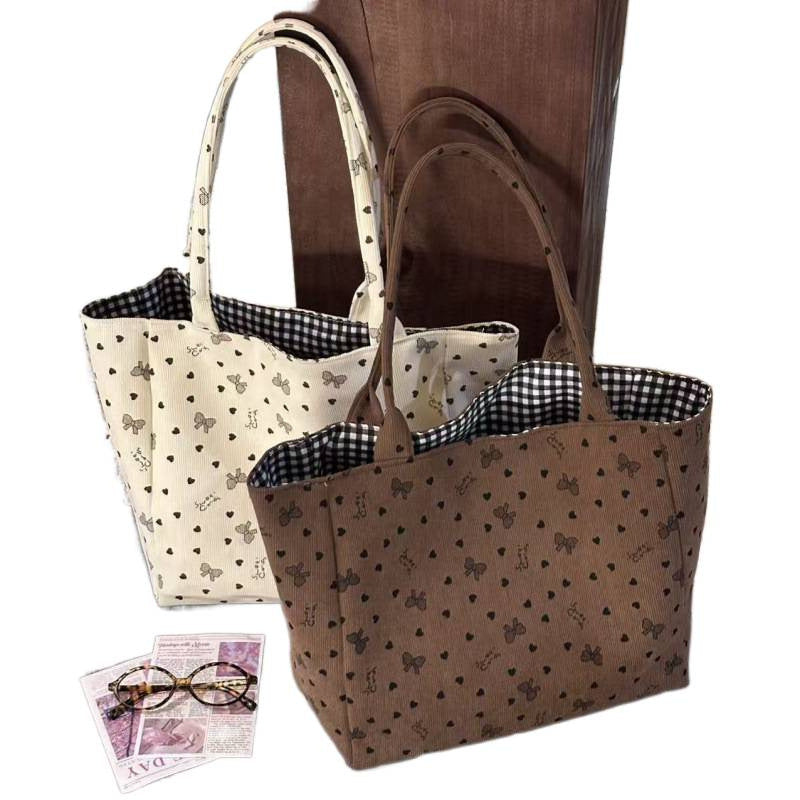 Women's Canvas Bag Large Capacity Love Heart Bow Tie New All-Match One-Shoulder Fashion Portable Commuter Tote