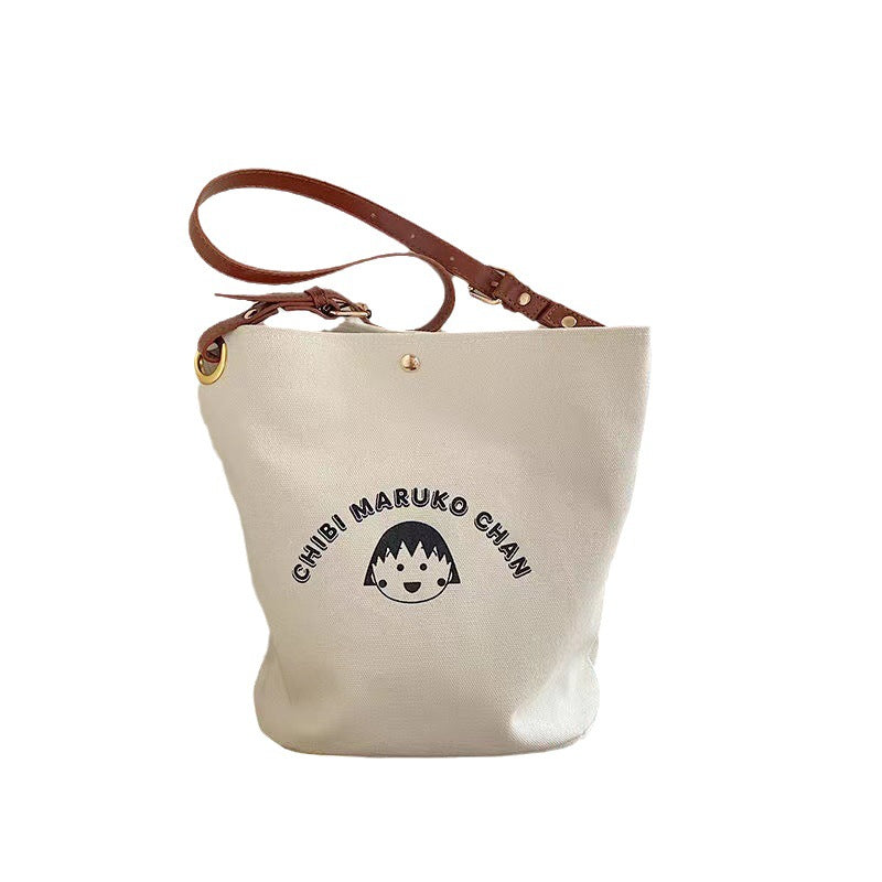 Chibi Maruko Chan Canvas Tote Bag with Cute Print, Magnetic Closure, Single Shoulder Strap for Daily Use