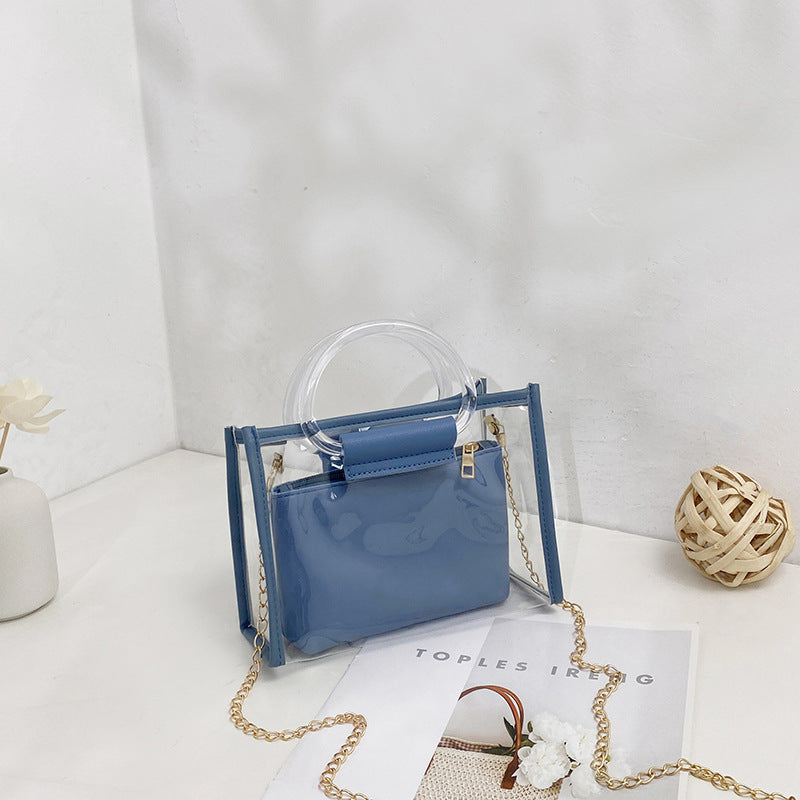 Transparent PVC Mini Tote Bag with Chain Strap and Circular Handle for Women - Fashionable Daily Use