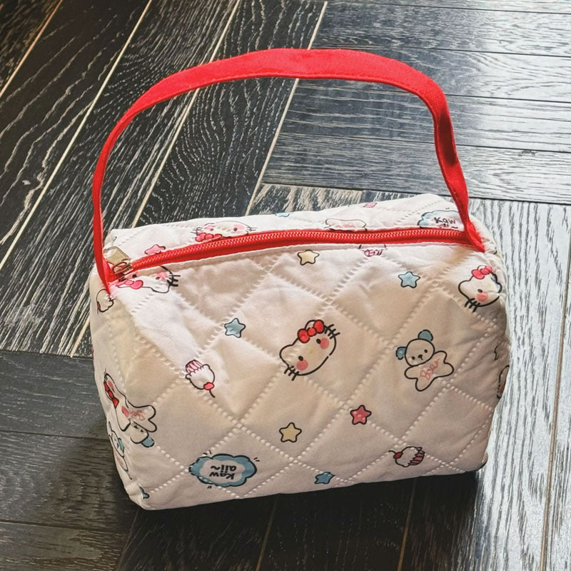 Cute Quilted Cosmetic Bag with Cartoon Print, Portable Makeup Organizer for Daily Use and Travel