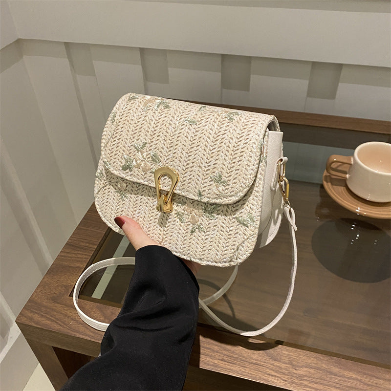 Woven Fashion Korean Lock Latch Shoulder Messenger Bag Spring New All-Match Small Square Bag Straw