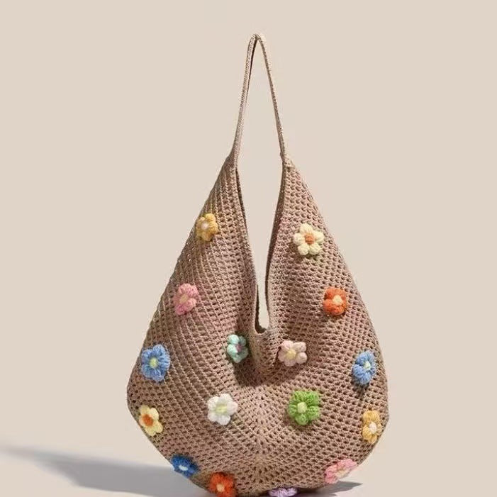 Women's Shoulder Bag Artistic Style Crocheted Daisy Tote Bag Beach Vacation Lightweight Shoulder Bag Leisure Travel Essential Woven Handbag
