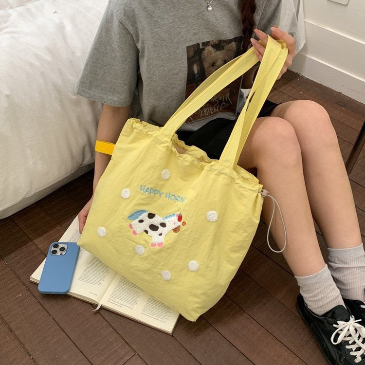 Cute Embroidered Puppy Tote Bag for Women, Large Capacity Shoulder Bag with Drawstring Closure, Perfect for Daily Commute and School