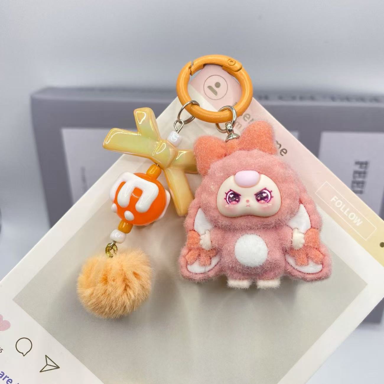 Cute Cartoon Plush Keychain with Pom-Pom and Charm - Perfect Gift for Kids and Girls
