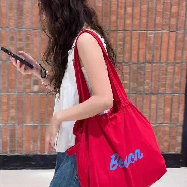 2025 Spring New Fashion Large Capacity Shoulder Tote Bag for Women, Simple Commute Student Style with Beach Print and Drawstring Design