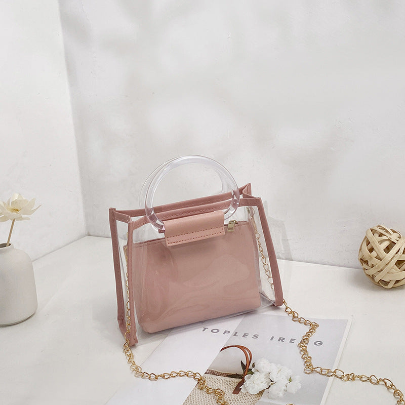 Transparent PVC Mini Tote Bag with Chain Strap and Circular Handle for Women - Fashionable Daily Use