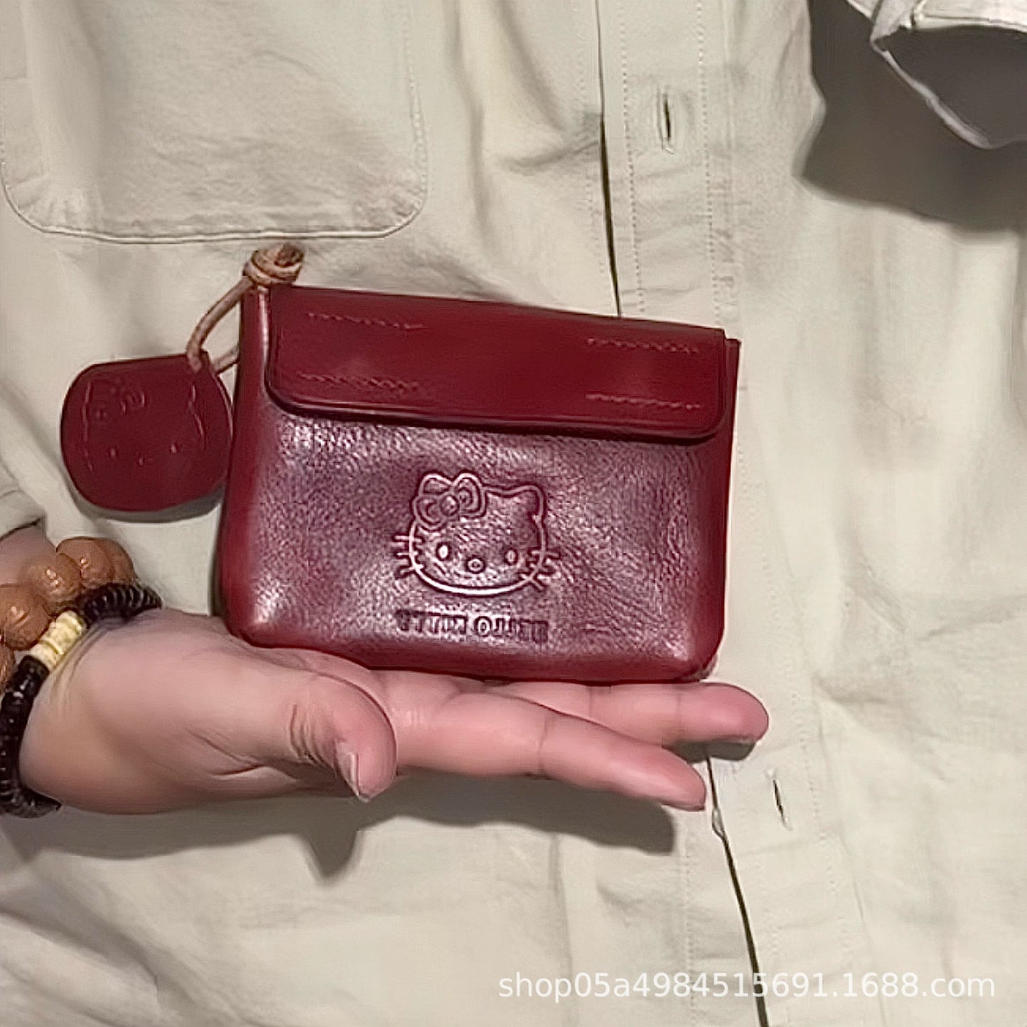 Hello Kitty Handmade Leather Coin Purse with Embossed Design, Compact Card Holder for Earphones and ID Cards, Stylish Daily Accessory