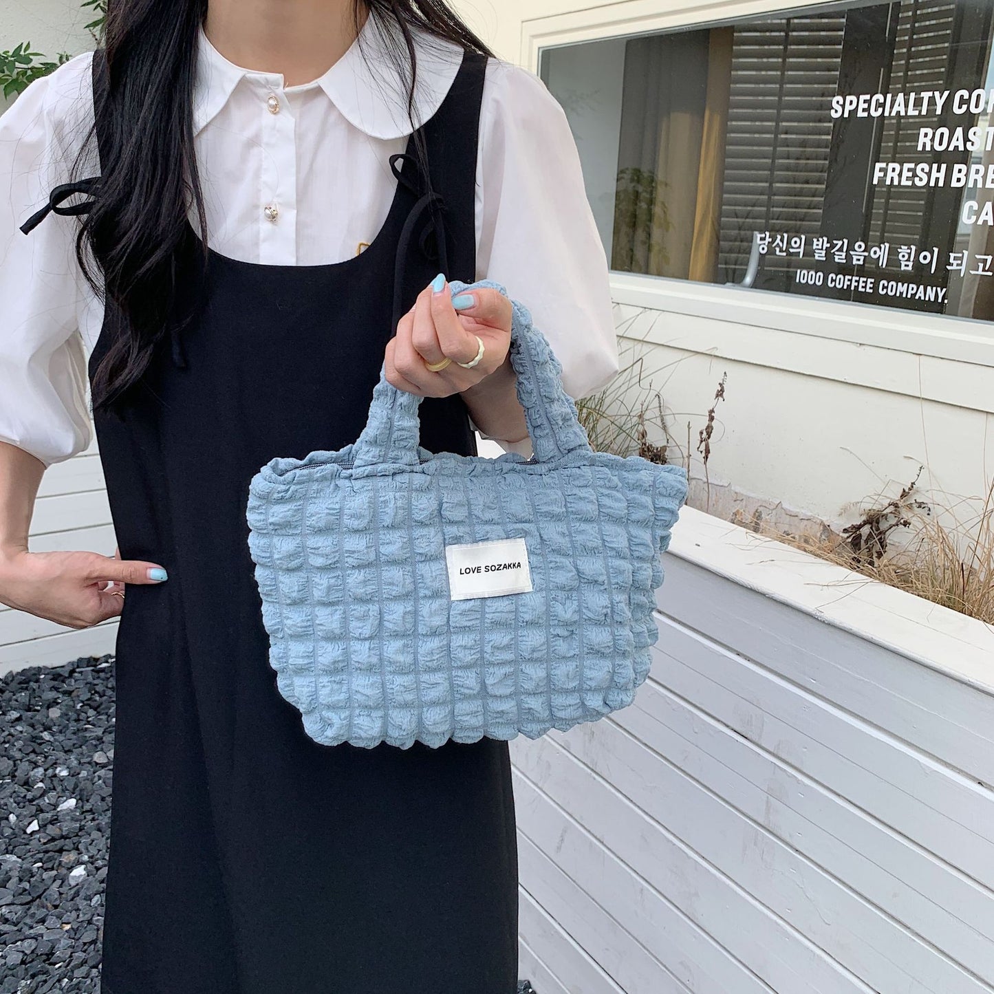 Bubble Handbag Women's Korean-Style Portable Canvas Bag Casual Idle Style Portable Tote Bag