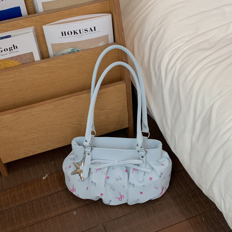 Korean Style Large Capacity Shoulder Bag with Pleated Design and Polka Dot Print for Daily Commute