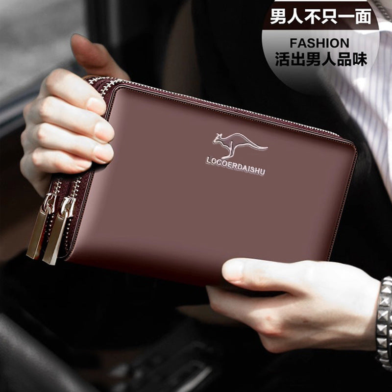 Stylish Men's Long Wallet with Multiple Card Slots, Waterproof PU Leather, Zipper Closure and Wrist Strap for Business Travel