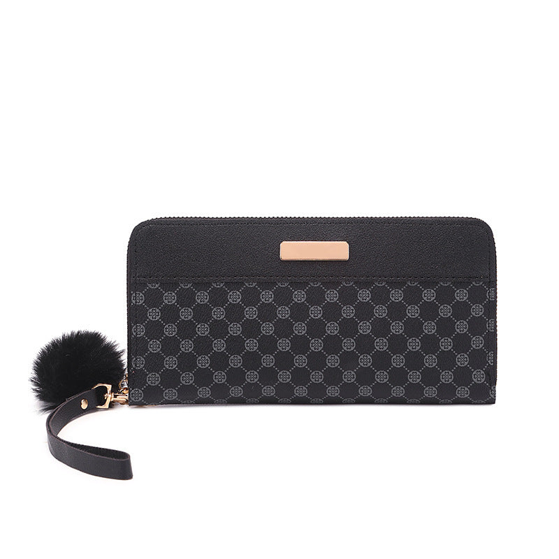 Stylish Long Zipper Wallet with Pom-Pom Charm and Multiple Card Slots for Women