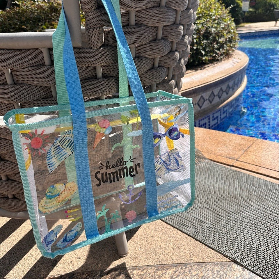 Transparent Waterproof Beach Bag with Summer Print, Large Capacity for Swimwear and Toiletries, Perfect for Pool and Travel