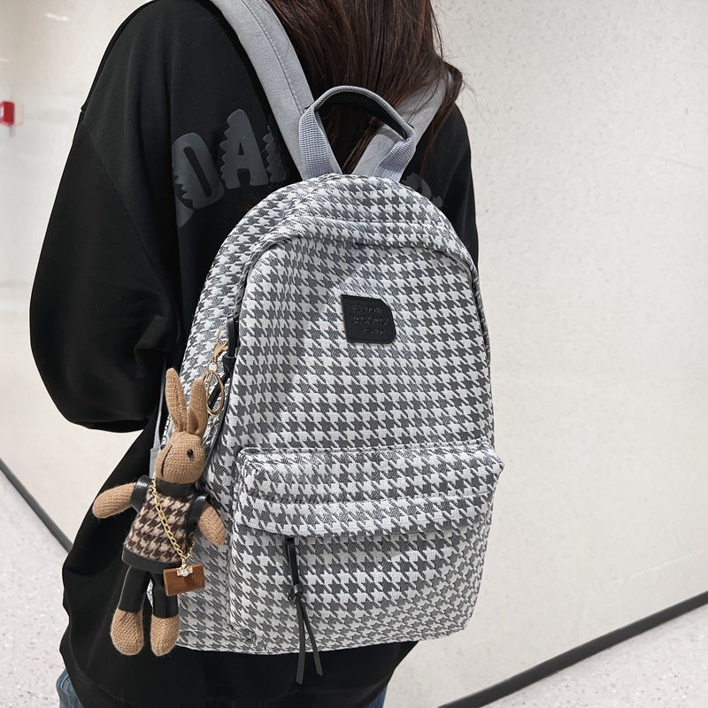 Stylish Houndstooth Backpack for Women - Lightweight, Durable & Spacious Design with Cute Rabbit Charm
