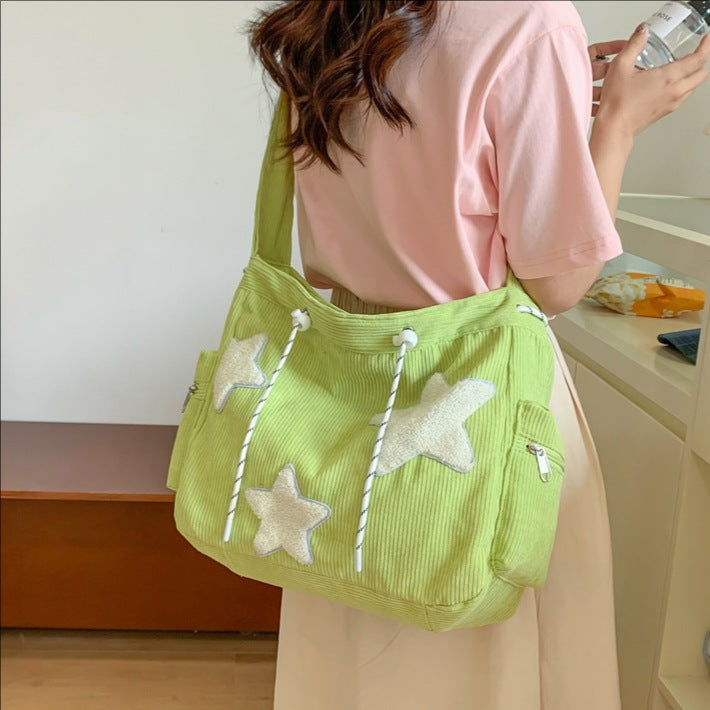 Cute Star-Embellished Corduroy Tote Bag for Women, Casual Daily Shoulder Bag with Zipper Pocket and Soft Design