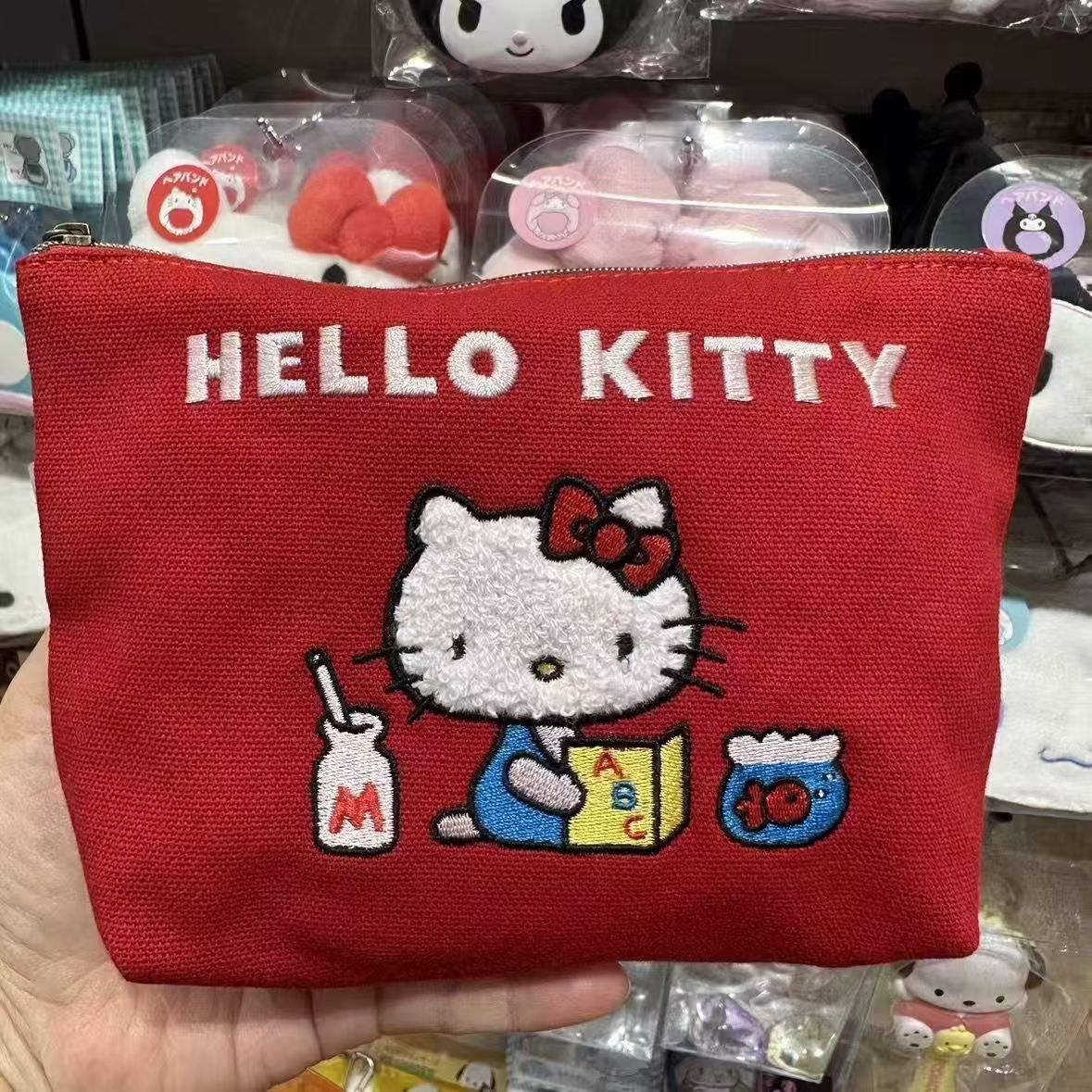 Sanrio Cat Embroidered Canvas Women's Storage Bag with Bones Pendant Zipper Cute Cartoon Design Daily Practical