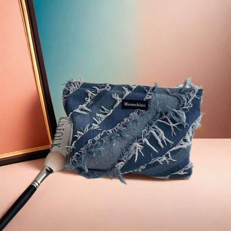 Cosmetic Bag Women's Large Capacity Storage and Carrying Wash Bag Toner and Lotion Organizing Folders High-Grade Denim Tassel