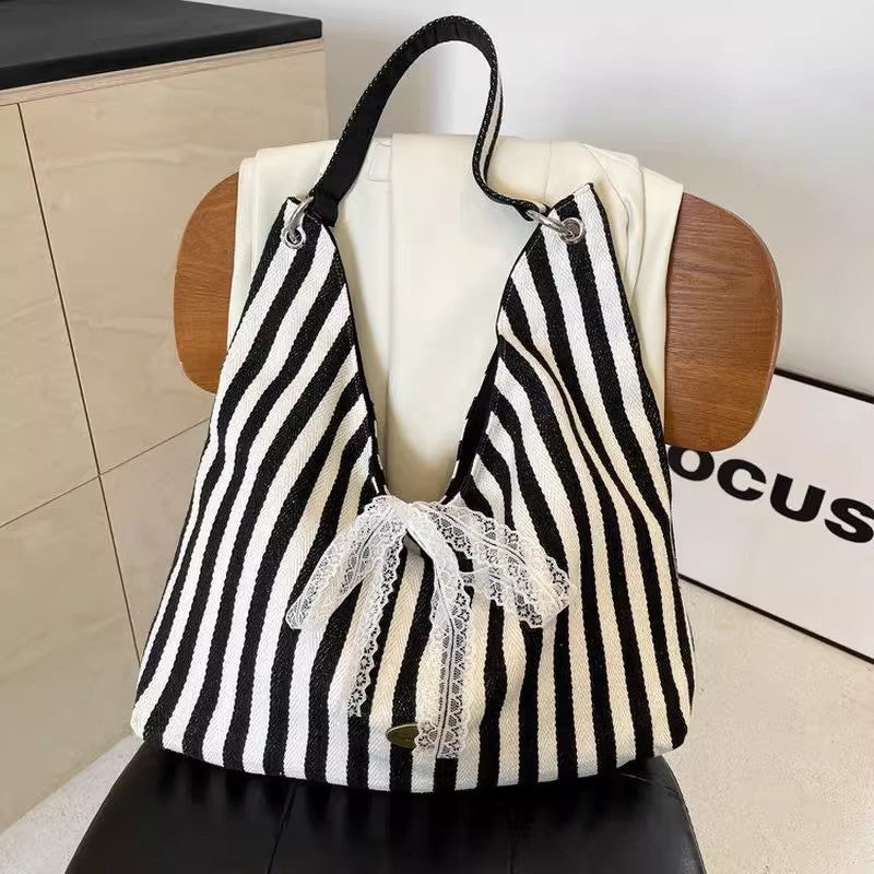 2025 New Fashion Striped Tote Bag for Women, Large Capacity Canvas Shoulder Bag with Lace Detail, Perfect for Daily Use and University