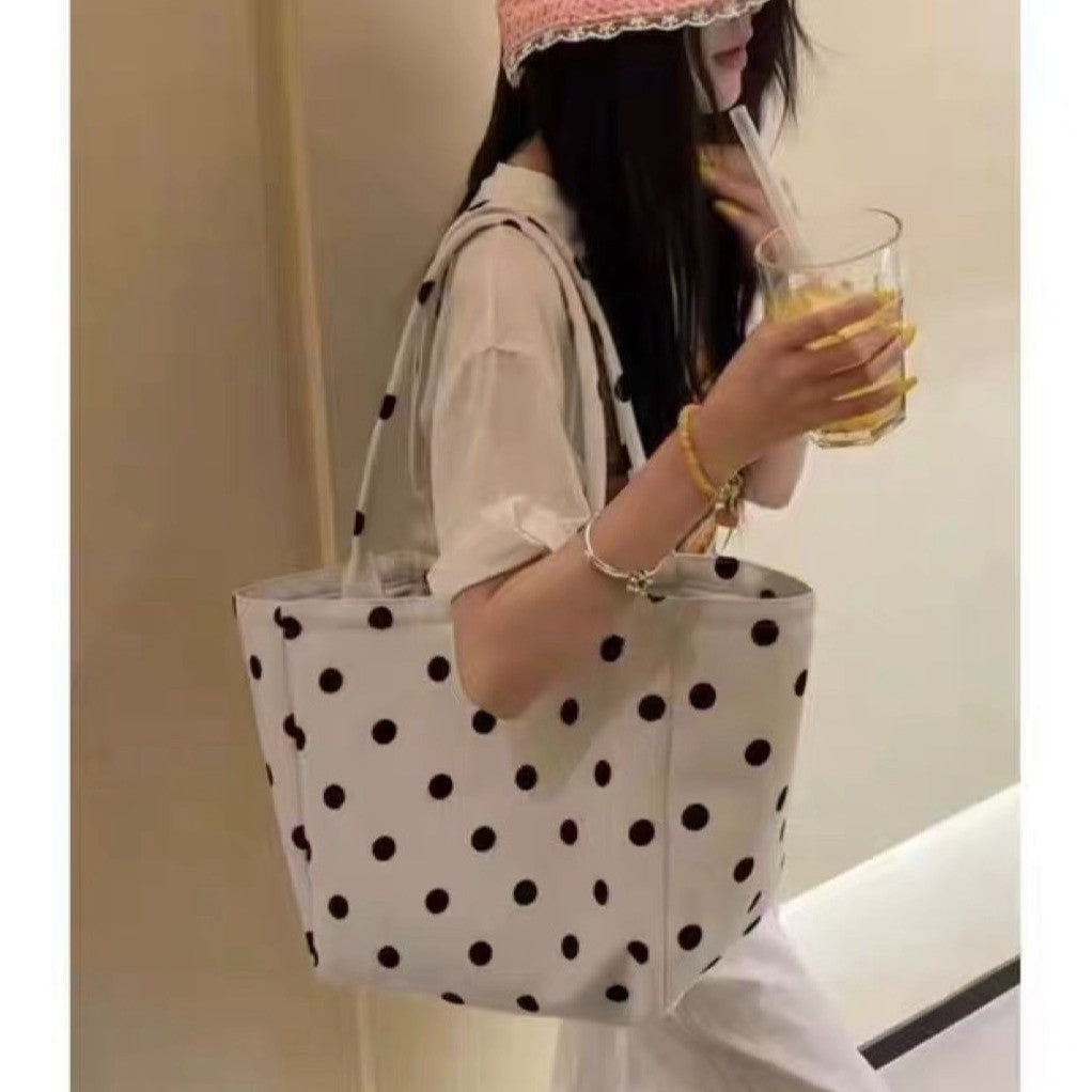New Korean Style Idle Style Polka Dot Canvas Large Capacity Totes Daily Commuter Travel Storage Essential