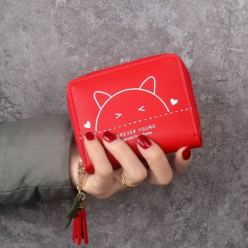 Cute Cat Zipper Wallet with Tassel Charm for Women, Stylish Card Holder and Coin Purse with Sweet Animal Design