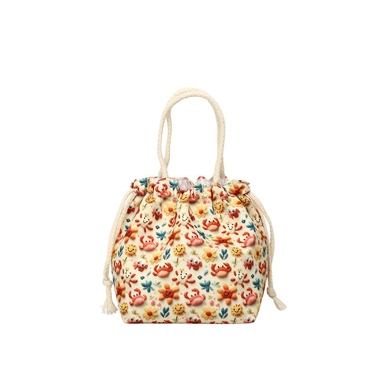 Makeup Bucket Mobile Phone Bag Female Sweet Fresh Pastoral Style Printed Tote Bag Lightweight Drawstring Bundle Bag