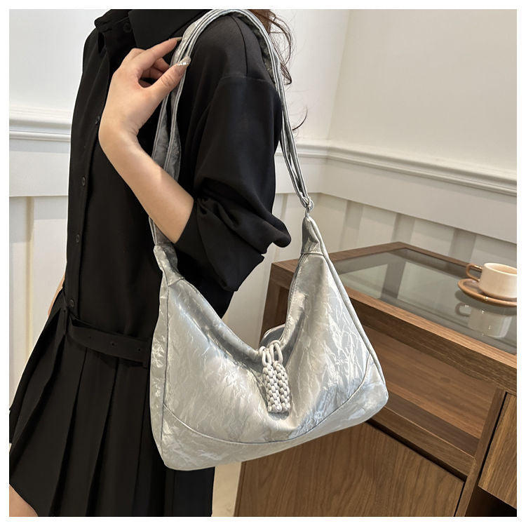 2026 Spring New Fashion Women's Large Capacity Soft PU Tote Bag with Beaded Drawstring, Casual Travel Shoulder Bag