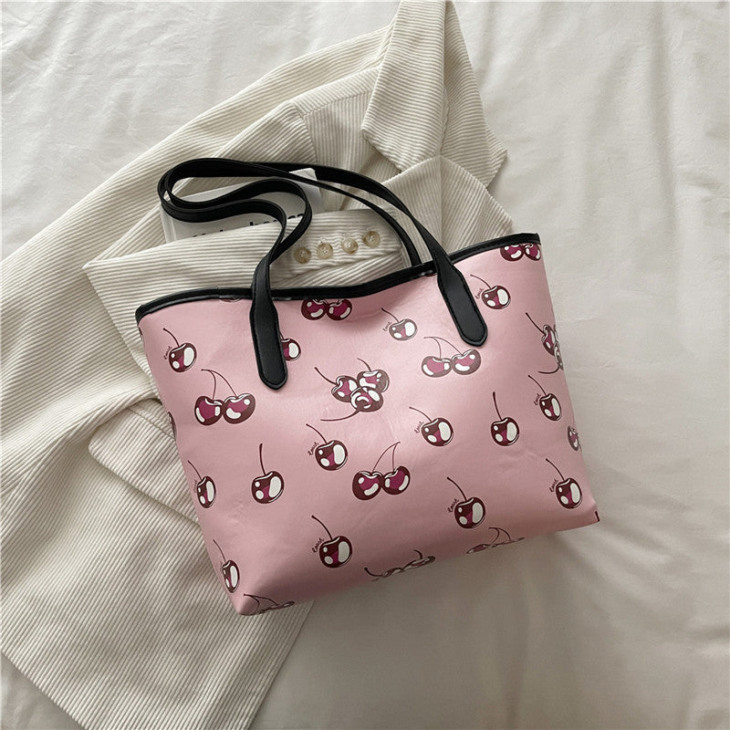 Cherry Printed Tote Women's Fashion Large Capacity Shoulder Bag New Simple Handbag