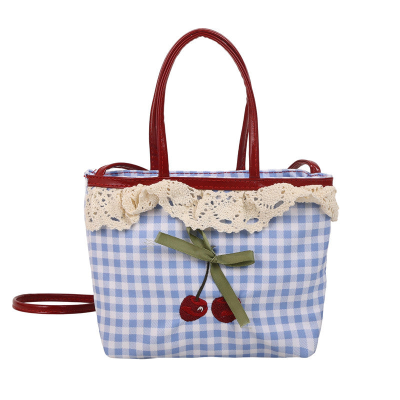 Plaid Tote Women's Summer New Fresh Cherry Hand Carrying Polka Dot Bow Cute Crossbody Bag