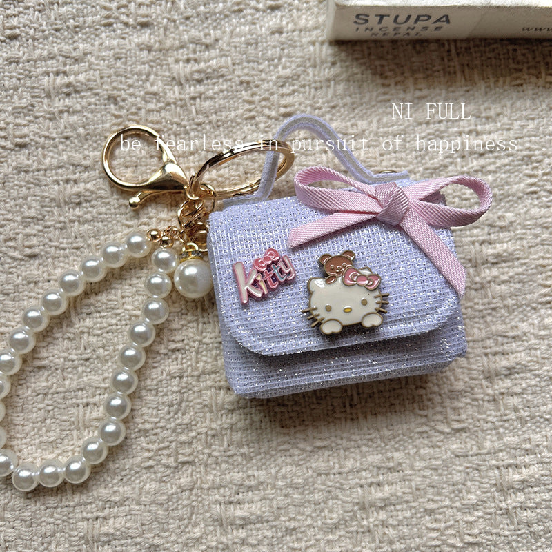 Korean Style New Retro Dots Cartoon Cat Lipstick Pack Pearl Exquisite High Sense Versatile Pendant Keychain for Women