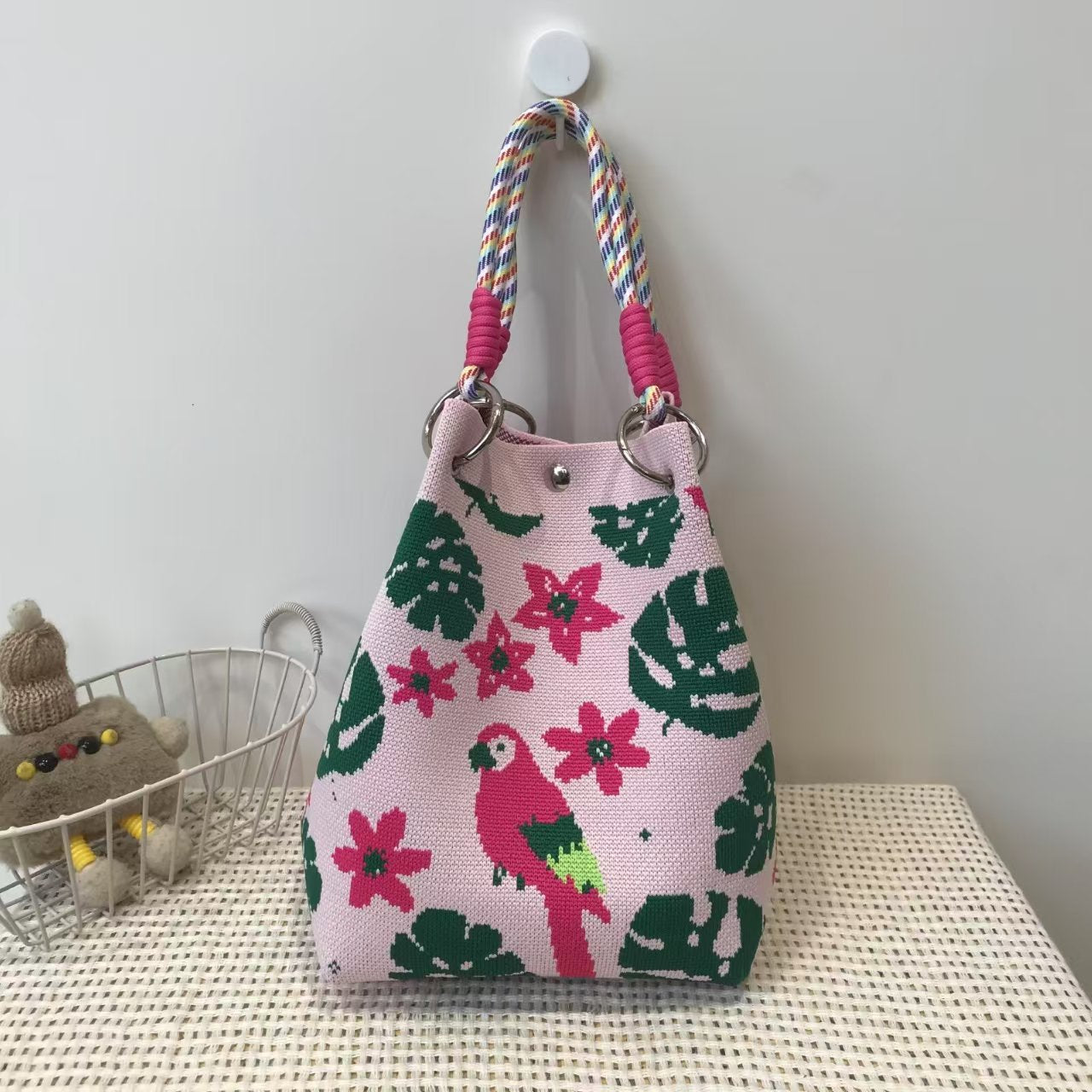 Black and White Rhombus Knitted Tote Bag Women's Casual Versatile Large Capacity Messenger Bag Handbag
