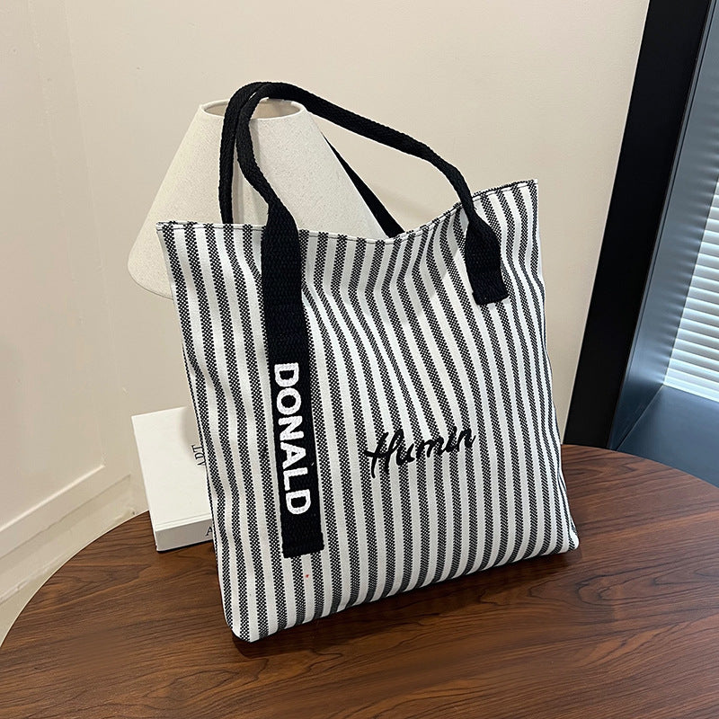 Summer Stripes Canvas Bag for Women New Large Capacity Tote Korean Style Shoulder Commuter Tote