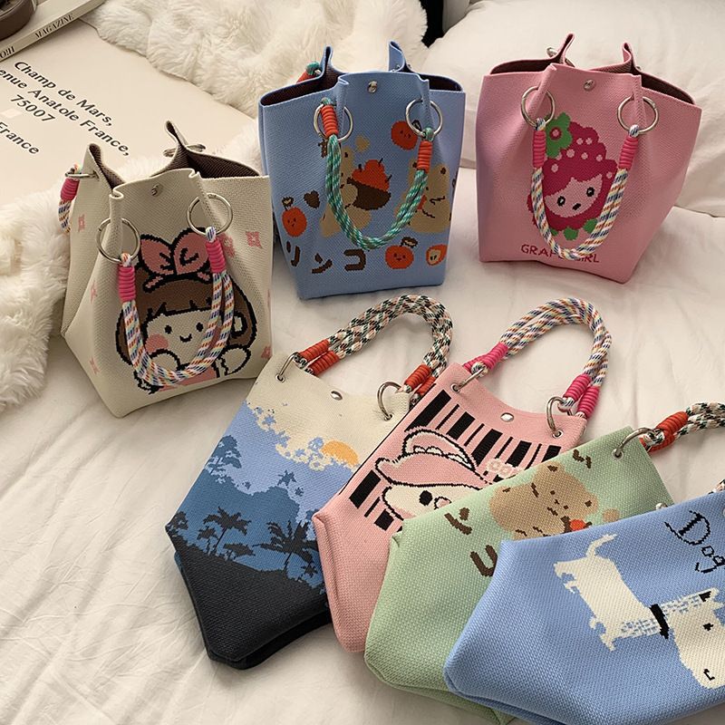 Women's Shoulder Bag New Hollow Canvas Handbag Color Rope Handle Large Capacity Daily Commuter Women's Bag